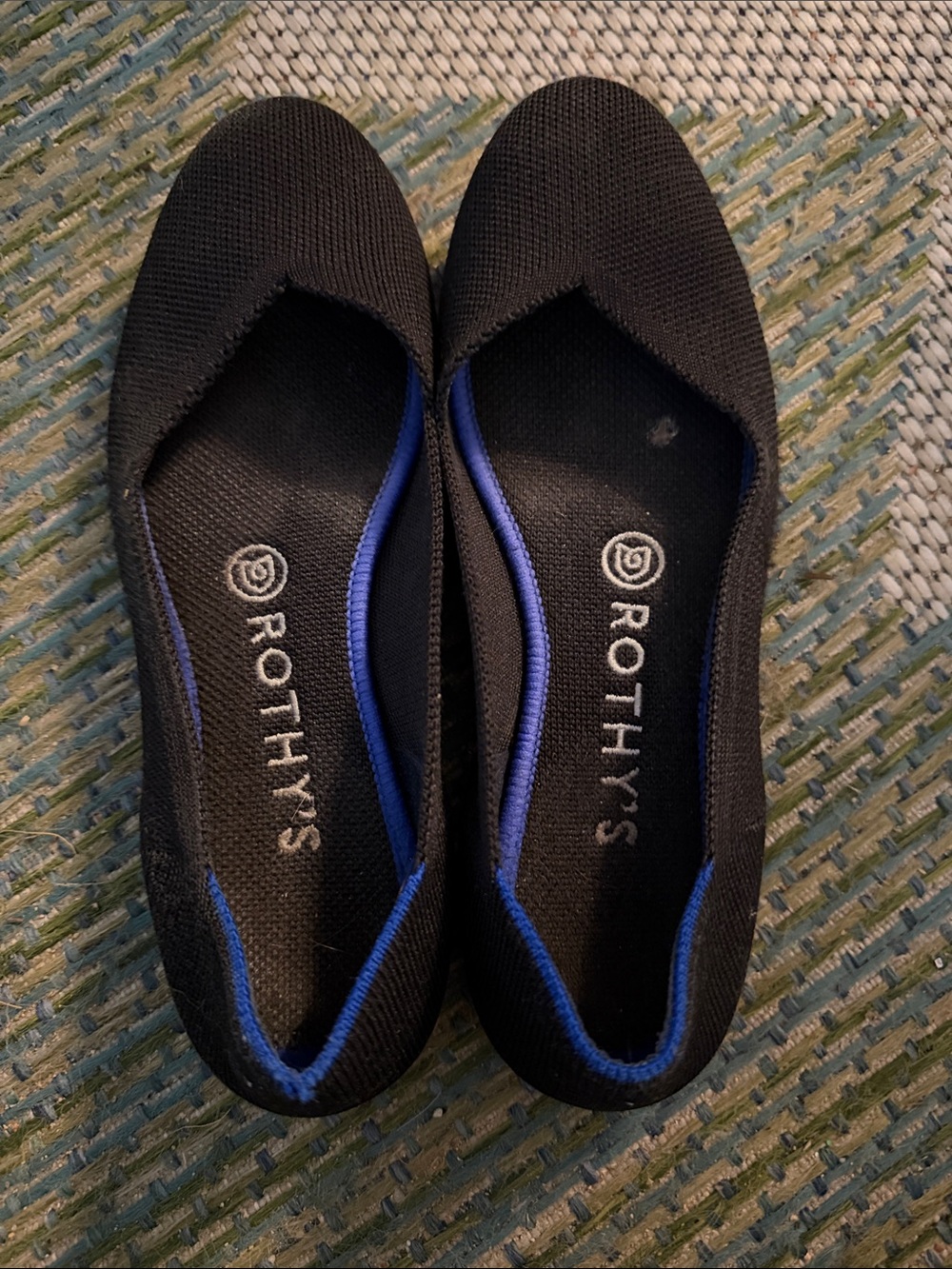 Rothy's Black Knit Flats with Blue Trim